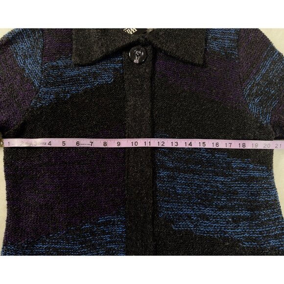 WinterSilks Y2K Wool Silk Lined Knit Cardigan L Gray Blue Purple Colorblock NWT - Picture 5 of 10